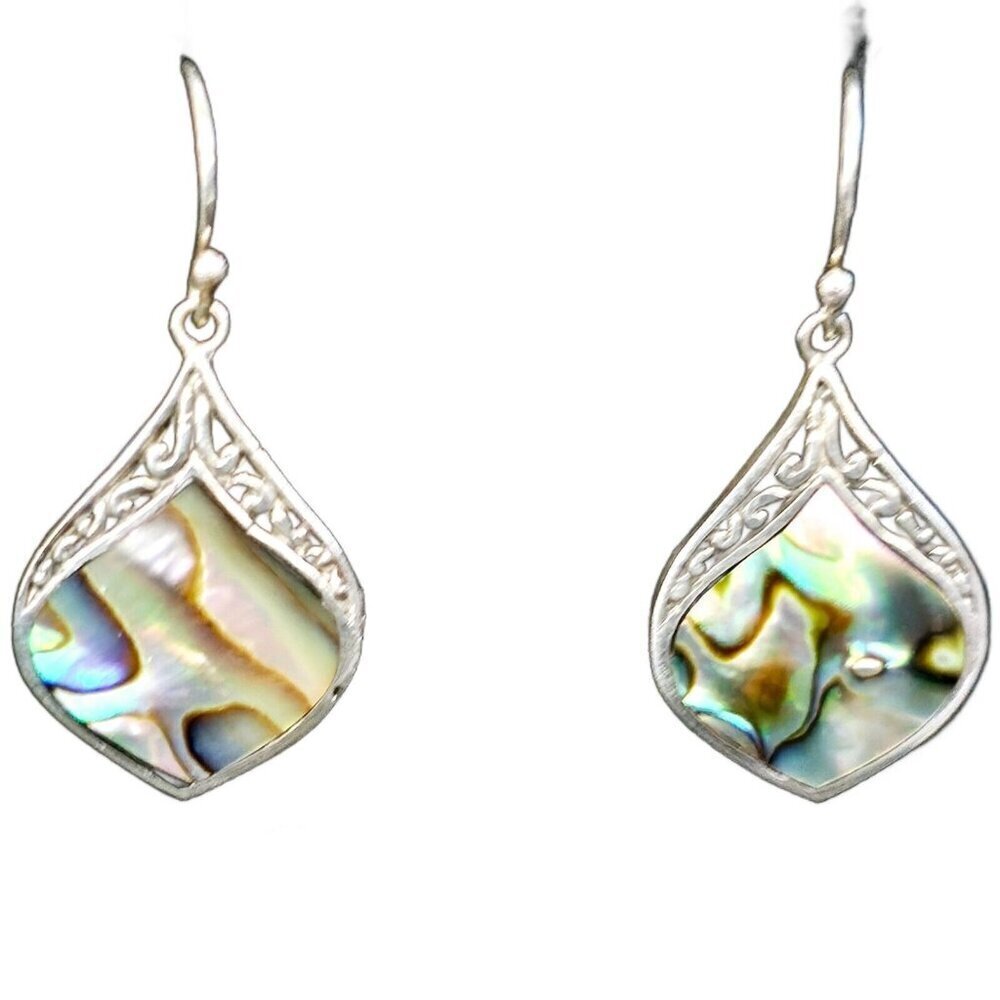 Sterling Silver Filigree Abalone Drop French Wire Earrings